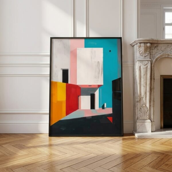 Affiche d'art abstrait urbain coloré dans un intérieur brut de style Wabi-Sabi.