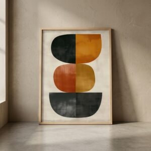 Affiche minimaliste Abstrait Zen aux tons terreux dans un décor tadelakt organique.