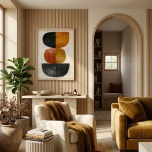 Mise en situation d'un poster Abstrait Zen dans un intérieur Quiet Luxury raffiné.