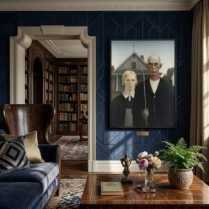 Poster American Golfic encadré dans un salon de style Art Déco aux tons bleu marine.