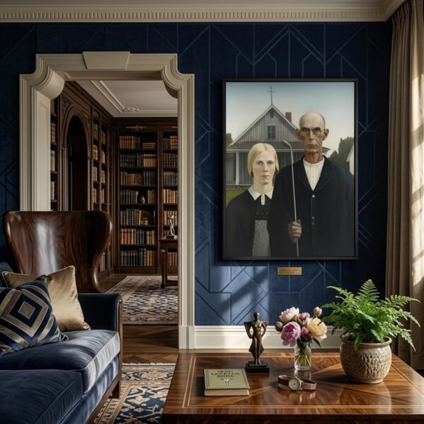 Poster American Golfic encadré dans un salon de style Art Déco aux tons bleu marine.