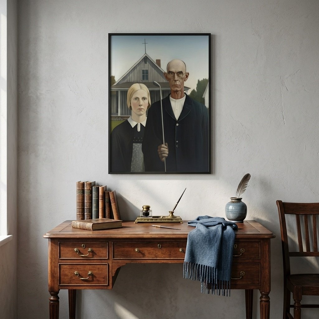Tableau parodie American Golfic sur un bureau vintage en bois sombre.
