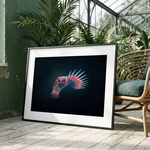 Gros plan macro sur l'affiche Ara rose et bleu dans un cadre noir, mettant en relief les détails du perroquet.