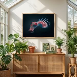 Affiche Ara rose et bleu suspendue au-dessus d'un buffet en rotin dans une véranda lumineuse et tropicale.