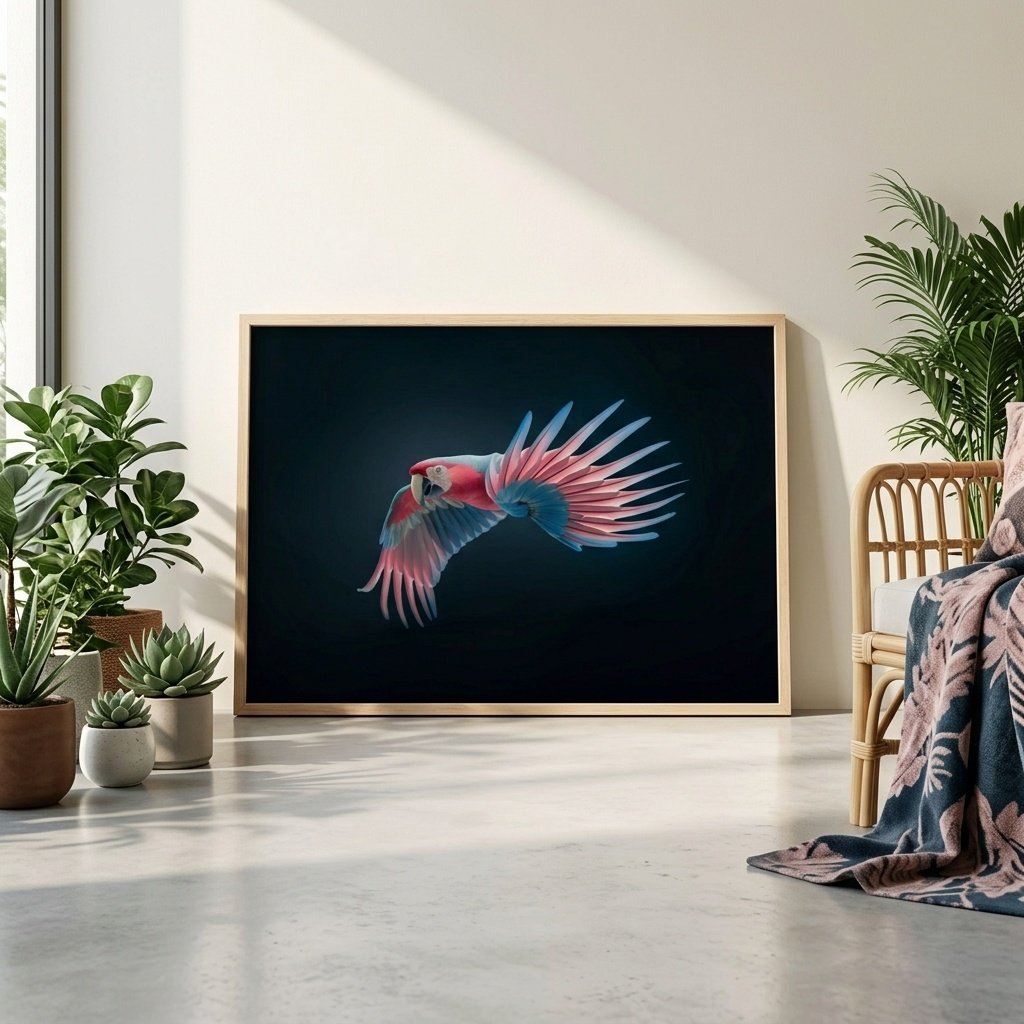 Affiche Ara rose et bleu posée au sol contre un mur vert dans une pièce au style botanique chic.