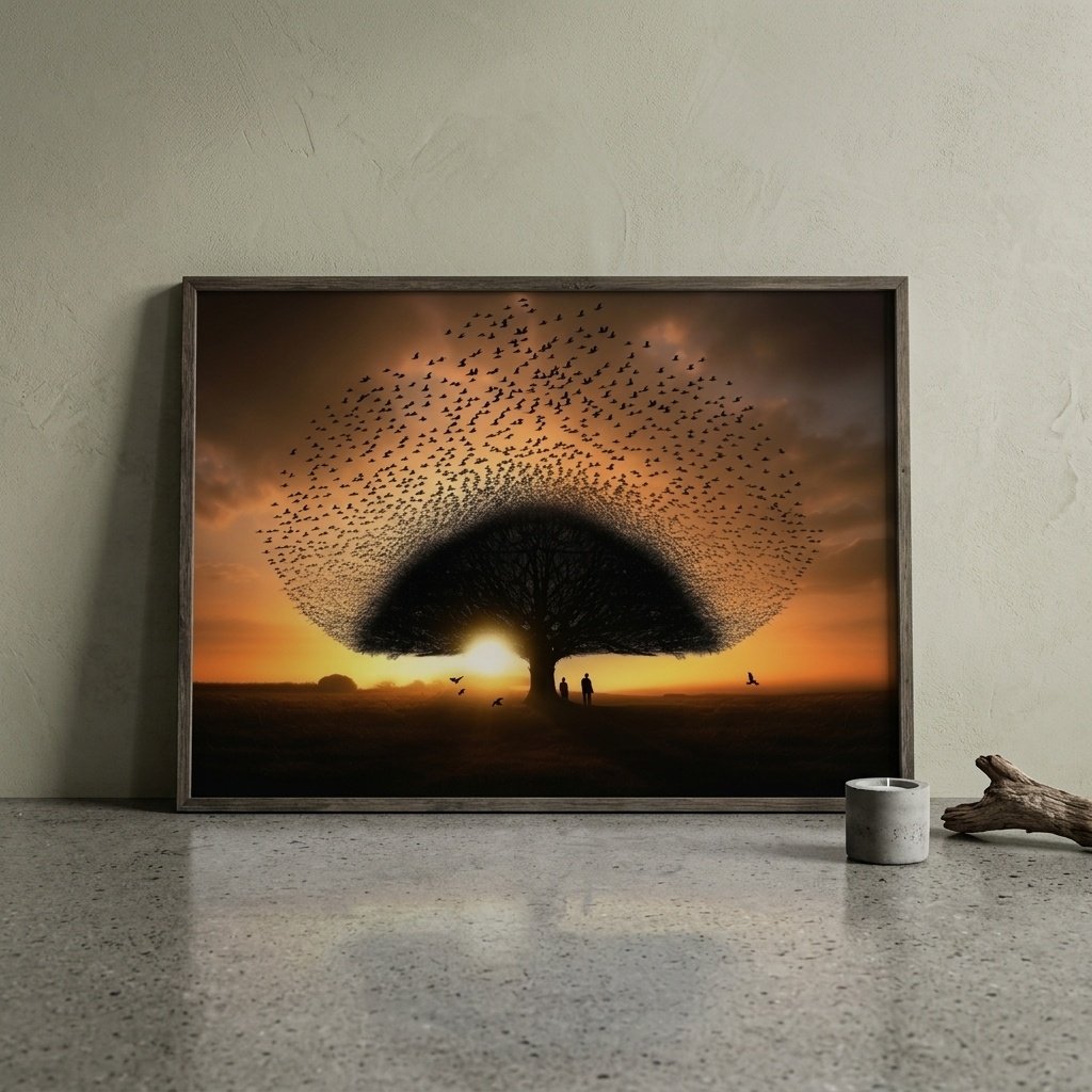 Affiche Arbre aux étourneaux posée au sol contre un mur à la texture organique dans un intérieur minimaliste.