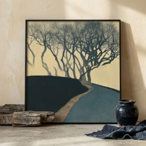 Affiche graphique Arbres en Hiver II dans un intérieur brut et minimaliste.
