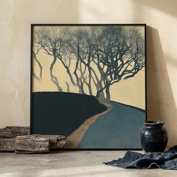 Affiche graphique Arbres en Hiver II dans un intérieur brut et minimaliste.