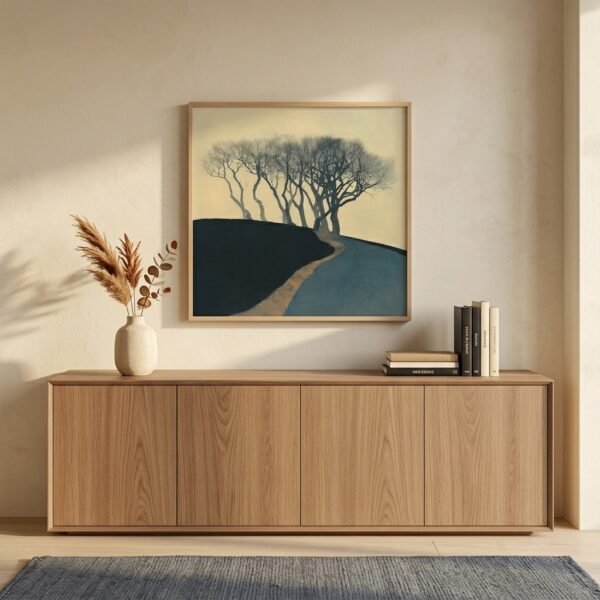 Mise en situation d'un poster d'hiver Arbres en Hiver II dans un salon Quiet Luxury.