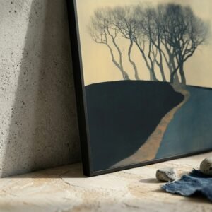 Vue rapprochée d'un poster Arbres en Hiver II encadré contre un mur en béton.