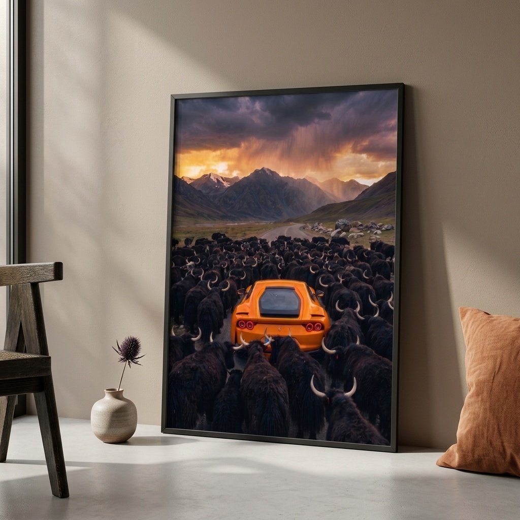 Arrêt au stand : Ferrari orange et yaks (surréalisme)