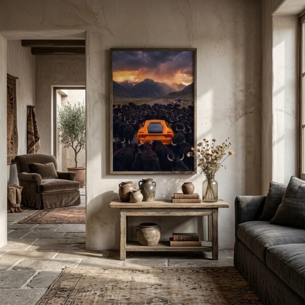 Arrêt au stand : Ferrari orange et yaks (surréalisme)