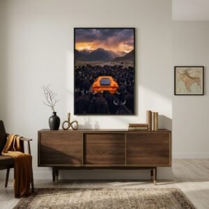 Arrêt au stand : Ferrari orange et yaks (surréalisme)