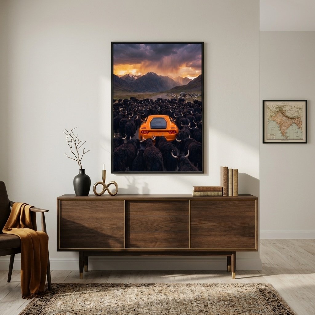 Arrêt au stand : Ferrari orange et yaks (surréalisme)