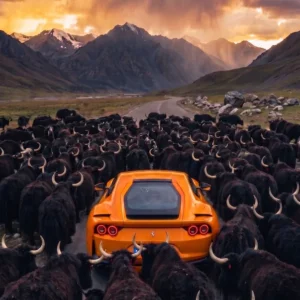 Arrêt au stand : Ferrari orange et yaks (surréalisme)