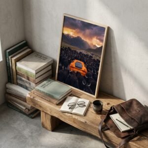 Arrêt au stand : Ferrari orange et yaks (surréalisme)