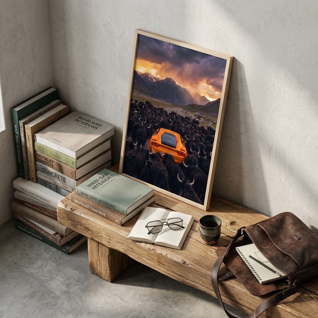 Arrêt au stand : Ferrari orange et yaks (surréalisme)