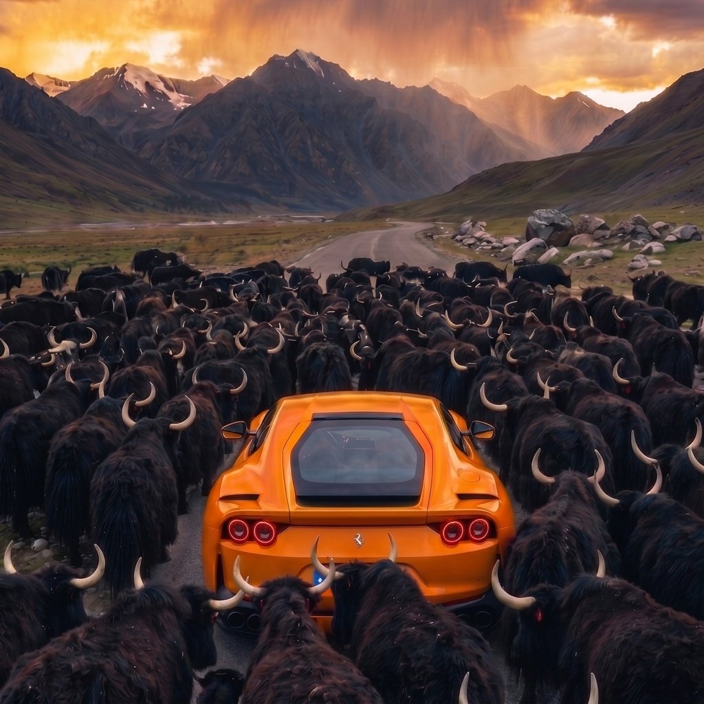 Arrêt au stand : Ferrari orange et yaks (surréalisme)