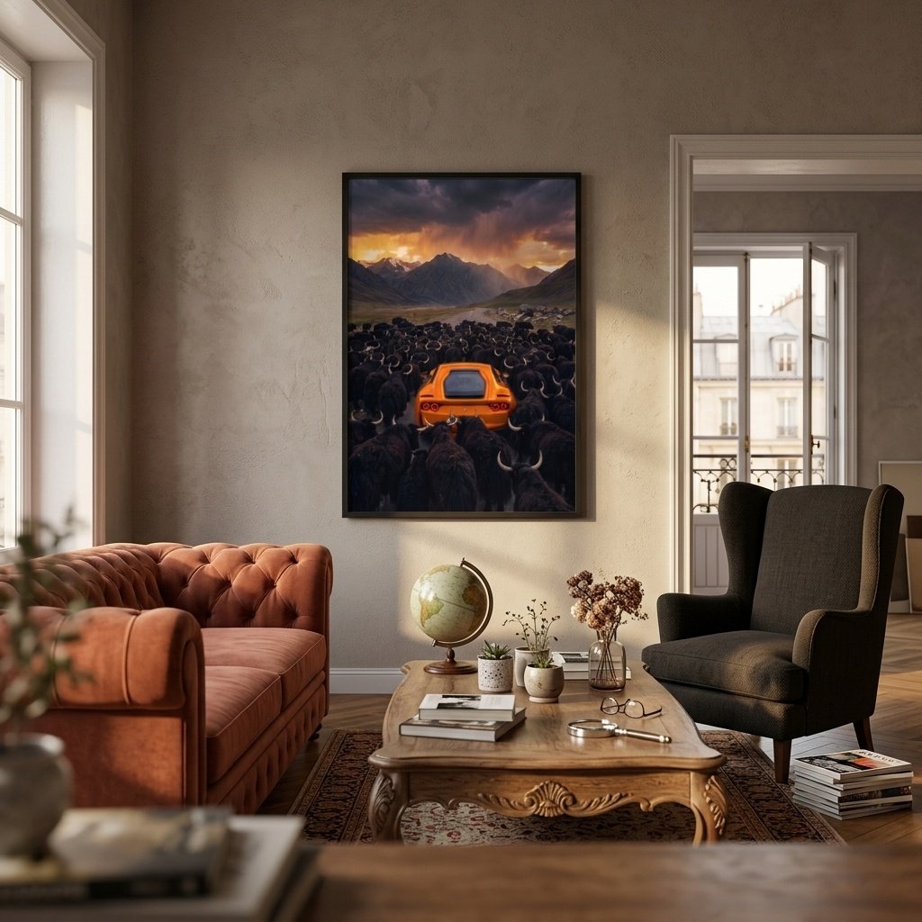 Arrêt au stand : Ferrari orange et yaks (surréalisme)