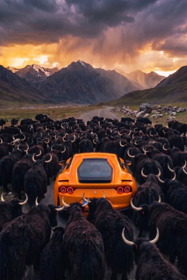 Arrêt au stand : Ferrari orange et yaks (surréalisme)