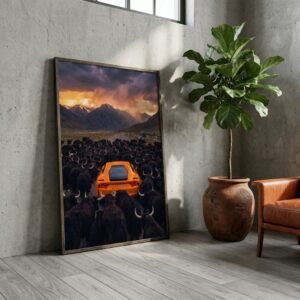 Arrêt au stand : Ferrari orange et yaks (surréalisme)