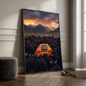 Arrêt au stand : Ferrari orange et yaks (surréalisme)