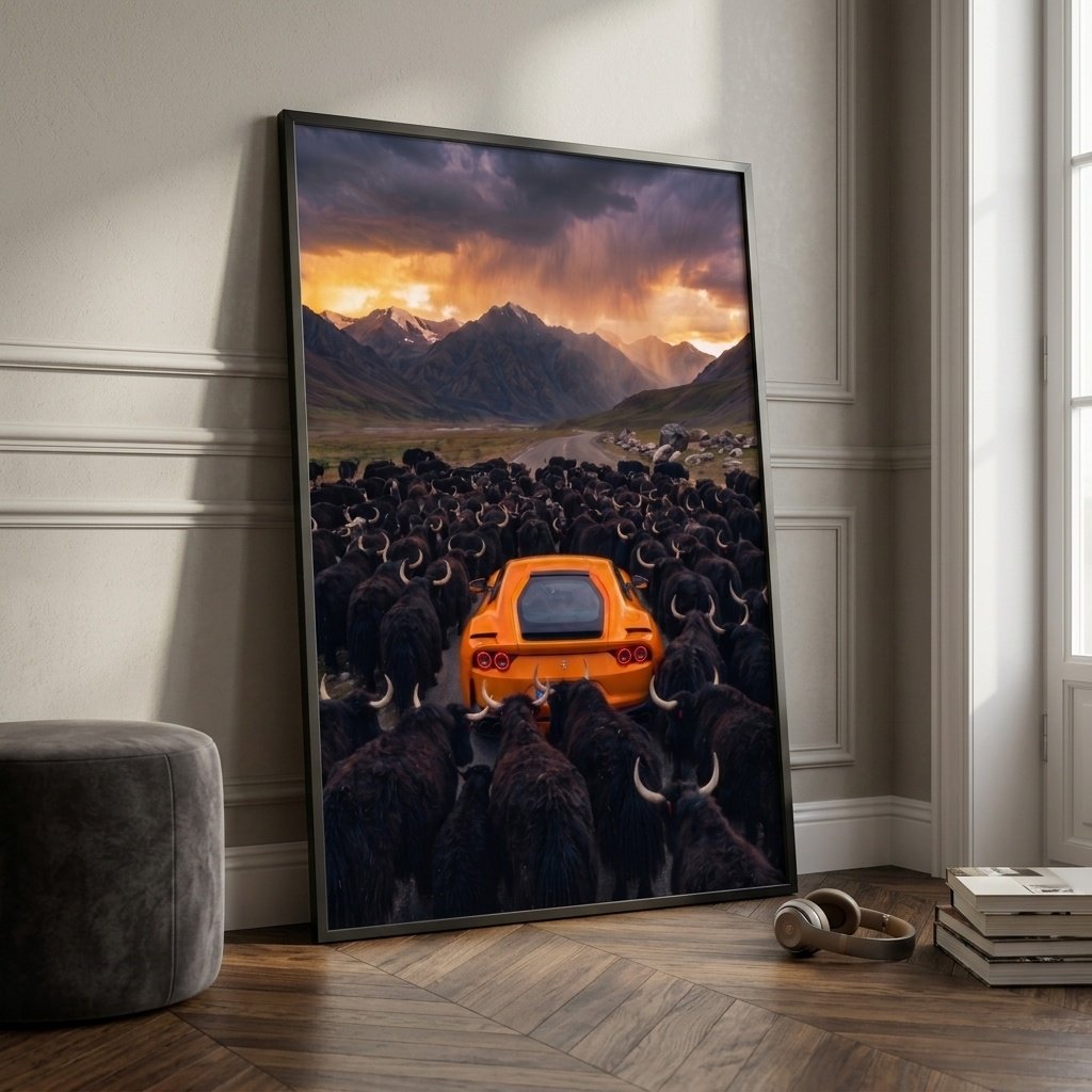 Arrêt au stand : Ferrari orange et yaks (surréalisme)