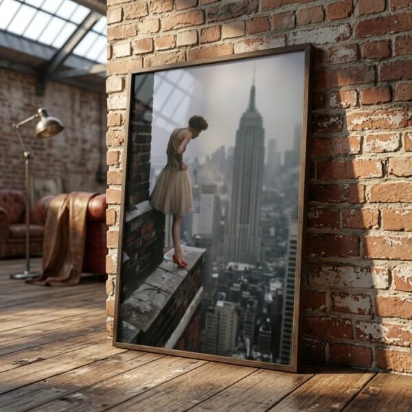 Gros plan macro sur l'affiche Atop a skyscraper dans un cadre en bois, montrant une femme sur le rebord d'un gratte-ciel.