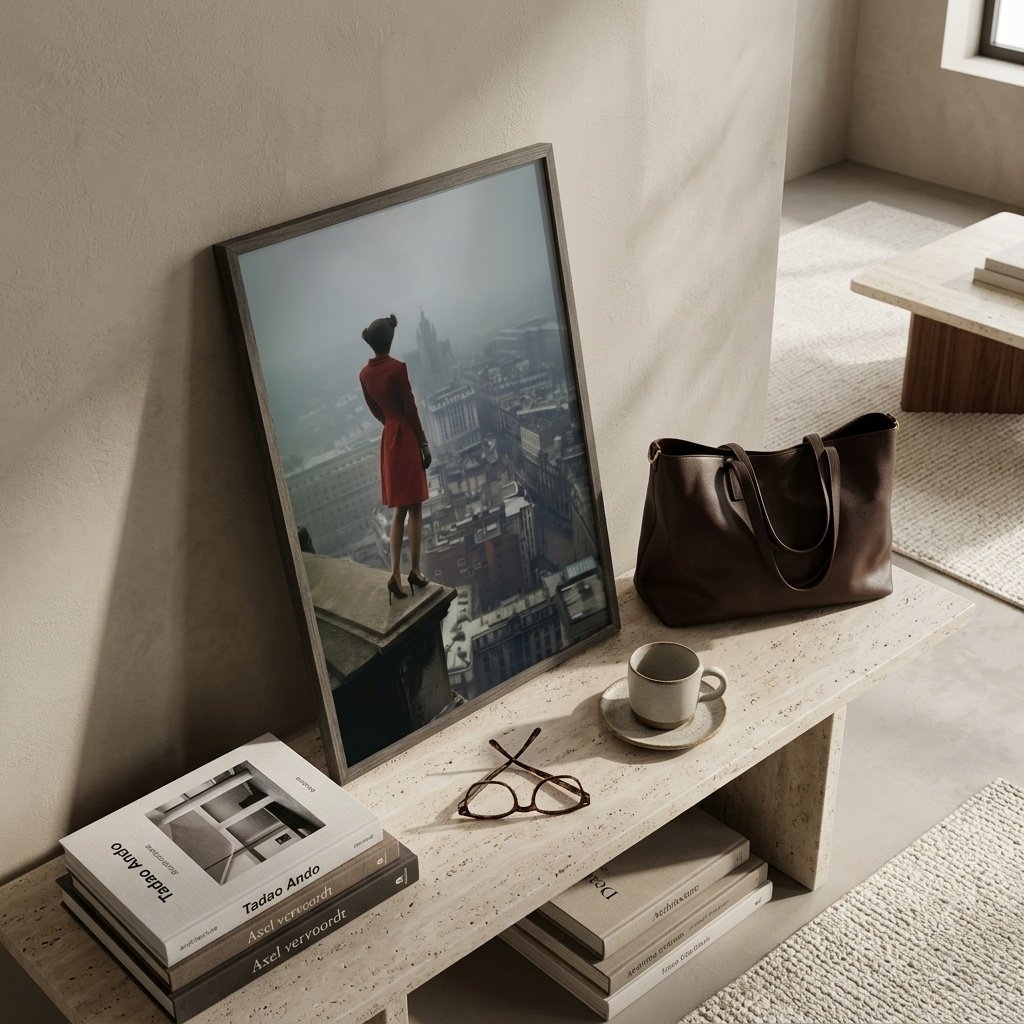 Affiche Atop a skyscraper III avec vue plongeante sur un banc en travertin, lifestyle élégant avec livres et accessoires.