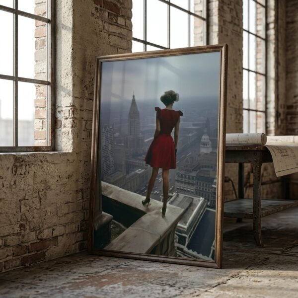 Gros plan macro sur l'affiche Atop a skyscraper IV dans un cadre en bois, montrant une femme sur le rebord d'un gratte-ciel new-yorkais.