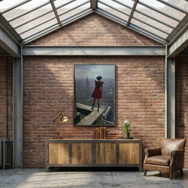 Affiche Atop a skyscraper IV suspendue au-dessus d'un buffet industriel dans un loft vintage avec briques apparentes.