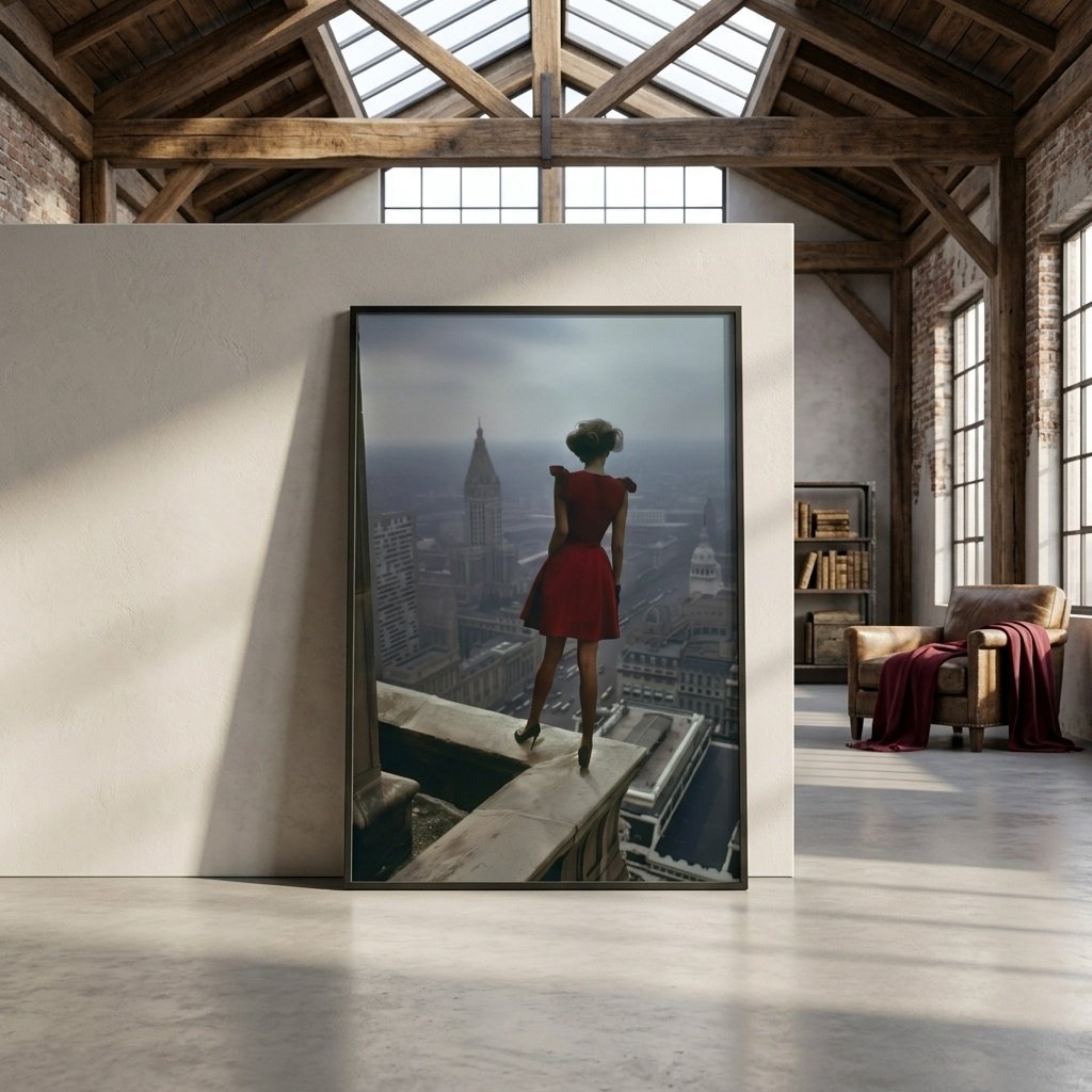 Affiche Atop a skyscraper IV posée au sol dans un vaste loft industriel, style urbain et chic.