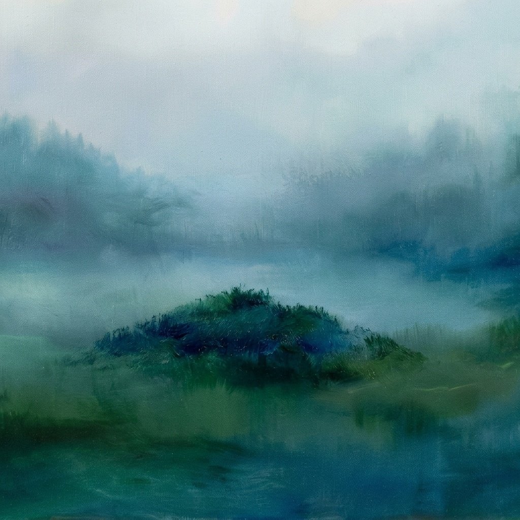 Aube Cobalt : paysage brumeux à l