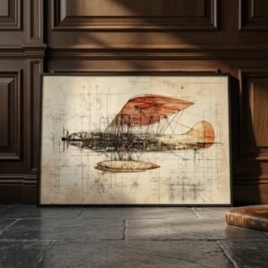 Affiche technique Avion de Léonard de Vinci dans un bureau d'étude vintage richement boisé.