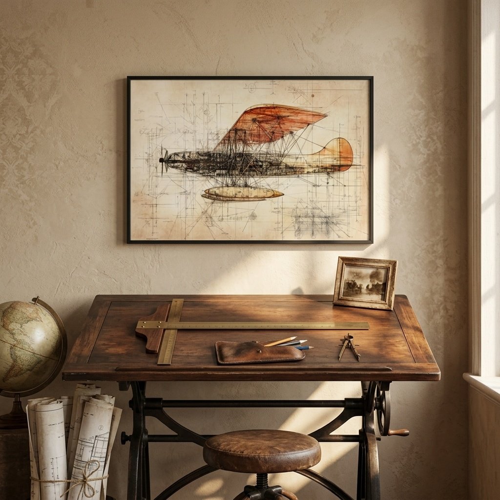 Poster historique Avion de Vinci sur une table de dessin d