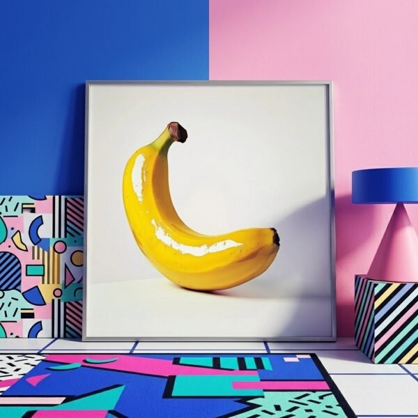 Affiche pop art Banana Pop dans un décor Memphis aux couleurs éclatantes.