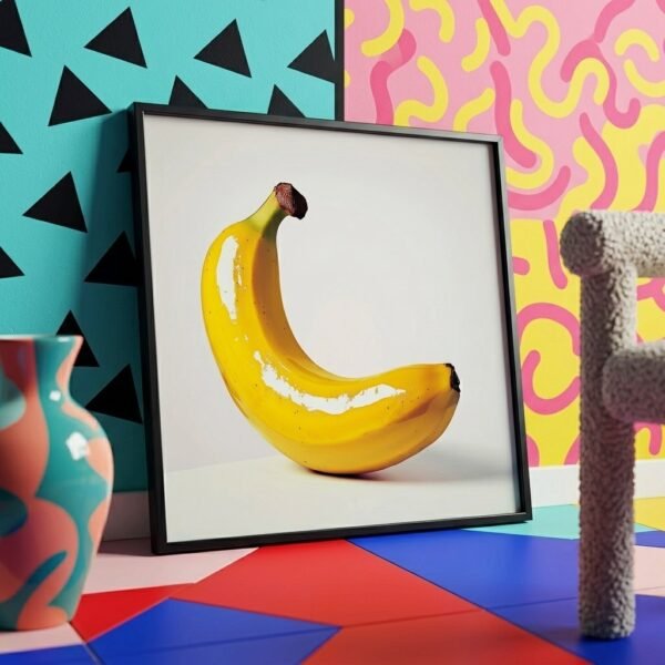 Vue dynamique d'un poster Banana Pop encadré dans un salon aux motifs géométriques.