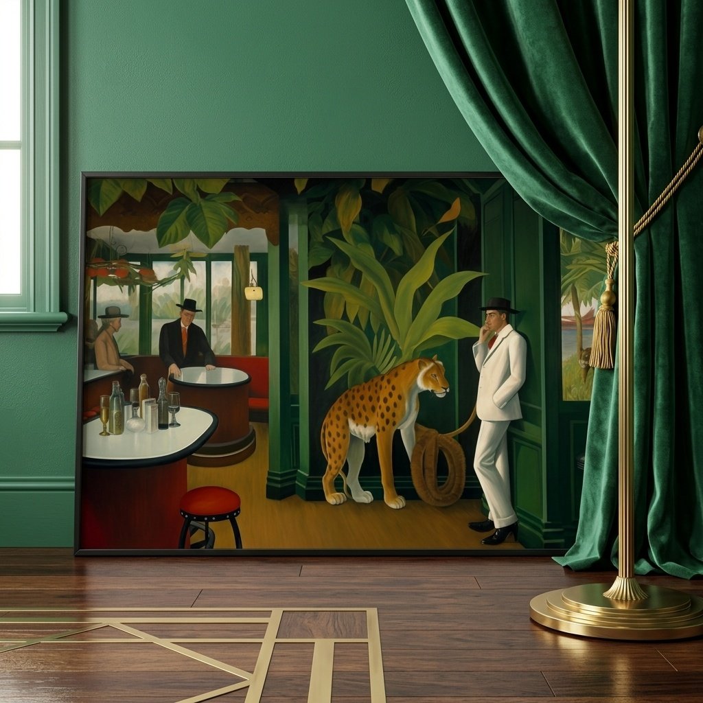 Affiche surréaliste Bar du Tigre dans un salon de style Art Déco riche en velours vert émeraude.