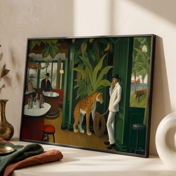 Mise en situation d'un tableau Bar du Tigre dans un intérieur Quiet Luxury raffiné.