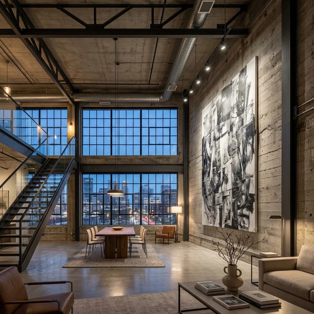 Grand loft industriel avec hauts plafonds et murs en béton brut portant une oeuvre abstraite monumentale.