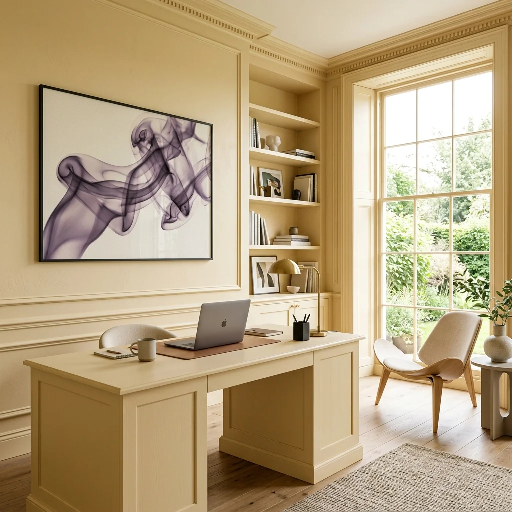 Bureau élégant en color drenching jaune sable avec une affiche abstraite violette.