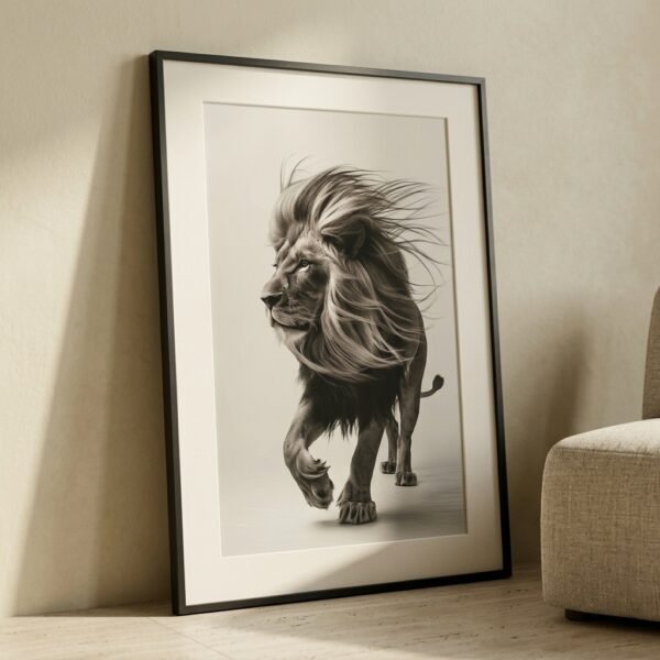 Affiche 'Crinière au vent' avec un lion majestueux, présentée dans un cadre minimaliste dans un intérieur chic et épuré.