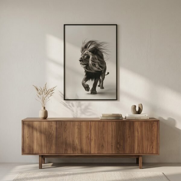 Affiche 'Crinière au vent' représentant un lion de profil, suspendue au-dessus d'un meuble design dans un salon élégant.