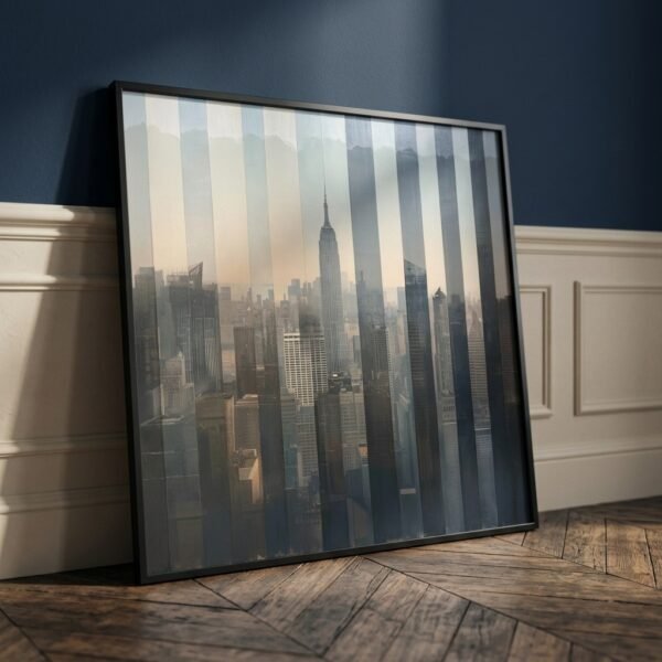 Affiche carrée 'Empire slate, New York' dans un salon au design chic parisien moderne, gros plan macro.