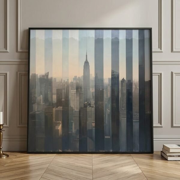 Affiche carrée 'Empire slate, New York' encadrée et posée au sol dans un intérieur élégant avec parquet.