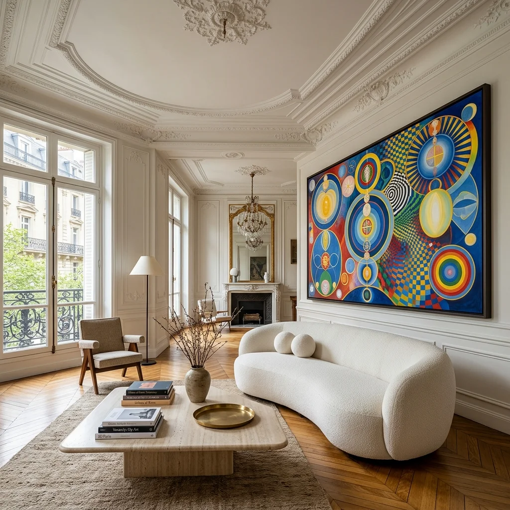 Grand salon haussmannien avec moulures, parquet en chevrons et une immense œuvre d'art abstraite maximaliste aux couleurs vives.