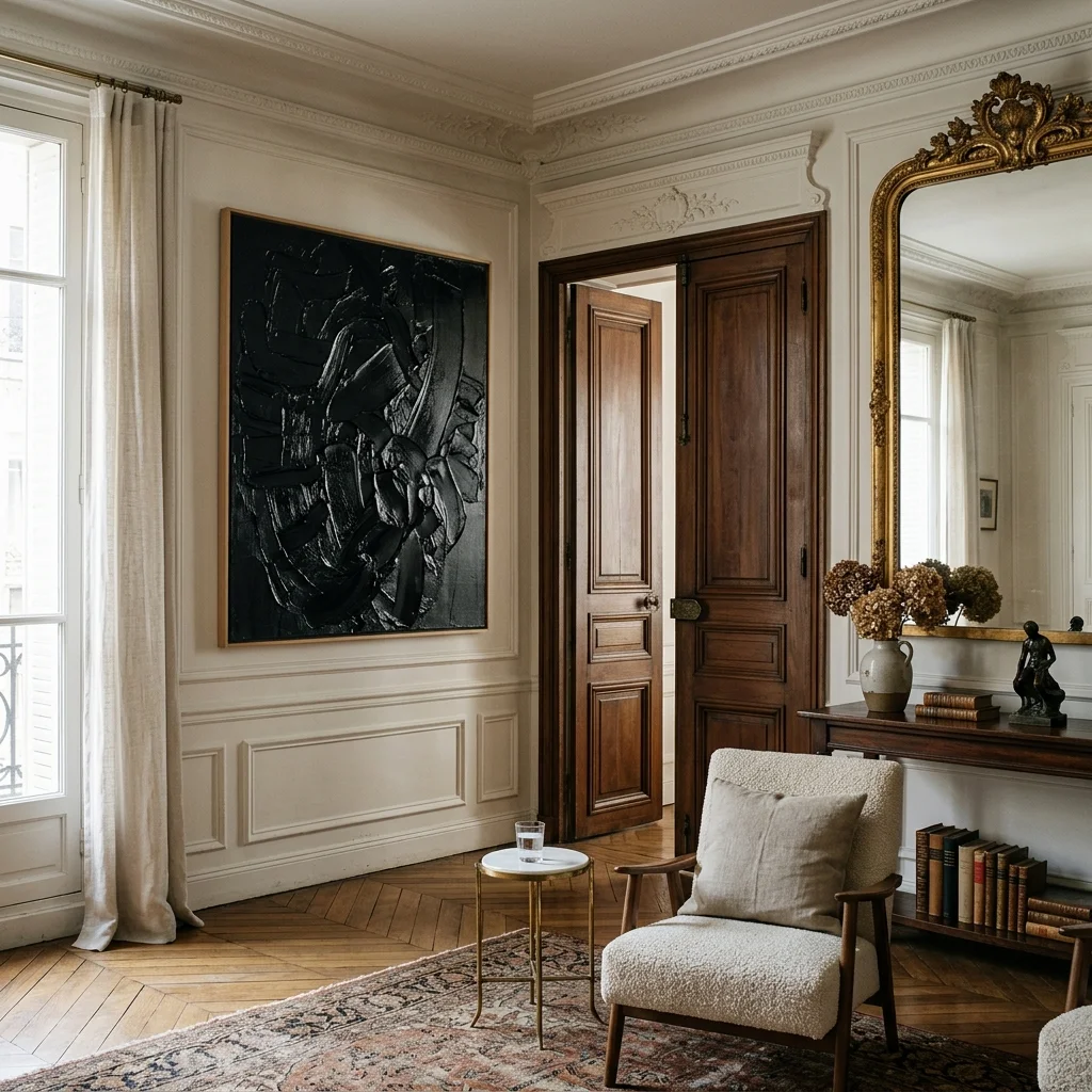 Gros plan sur une toile noire texturée jouant avec la lumière et les moulures d'un ancien miroir doré haussmannien.