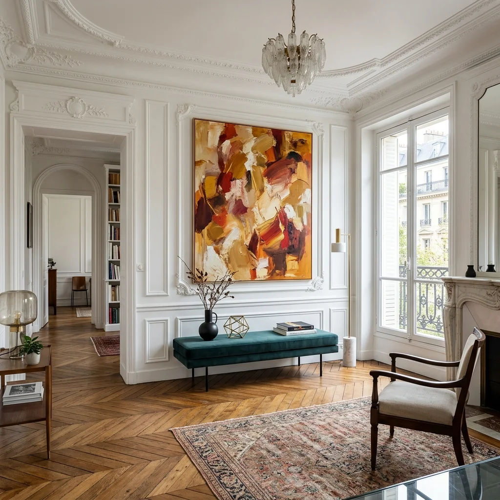 Immense toile abstraite aux tons chauds qui ancre et structure un grand mur de salon haussmannien.
