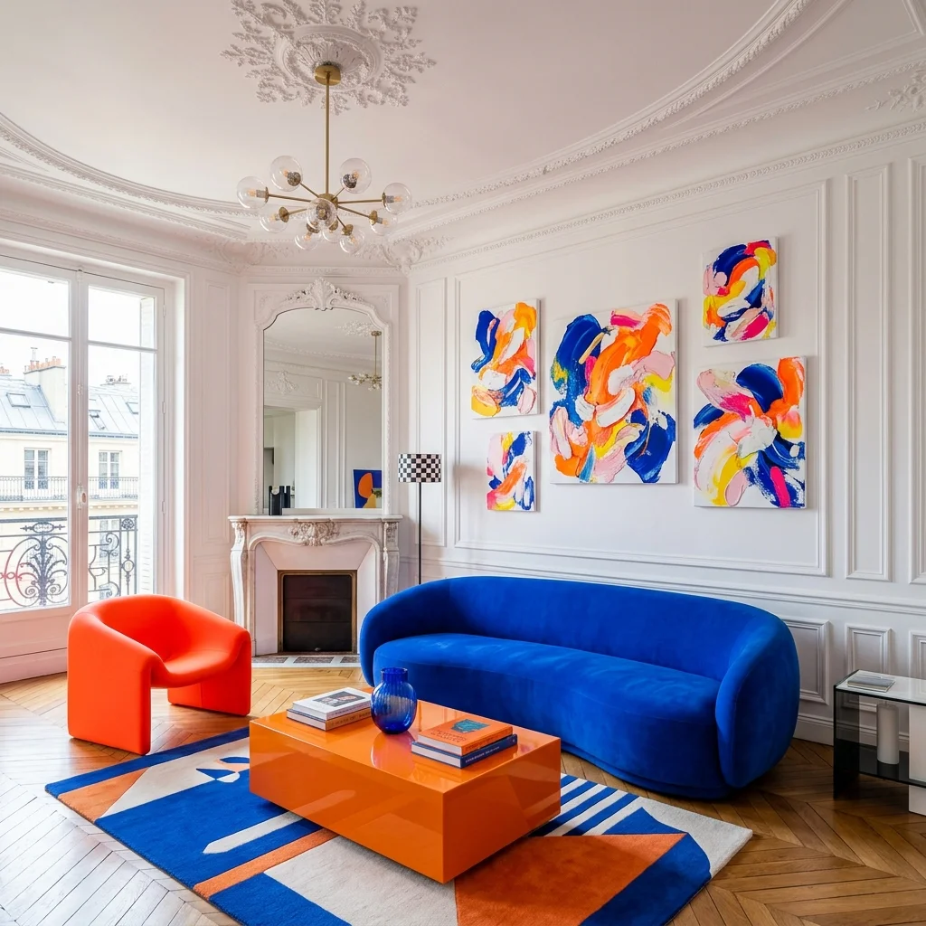 Salon haussmannien avec mobilier design coloré et œuvres abstraites aux textures vaporeuses.