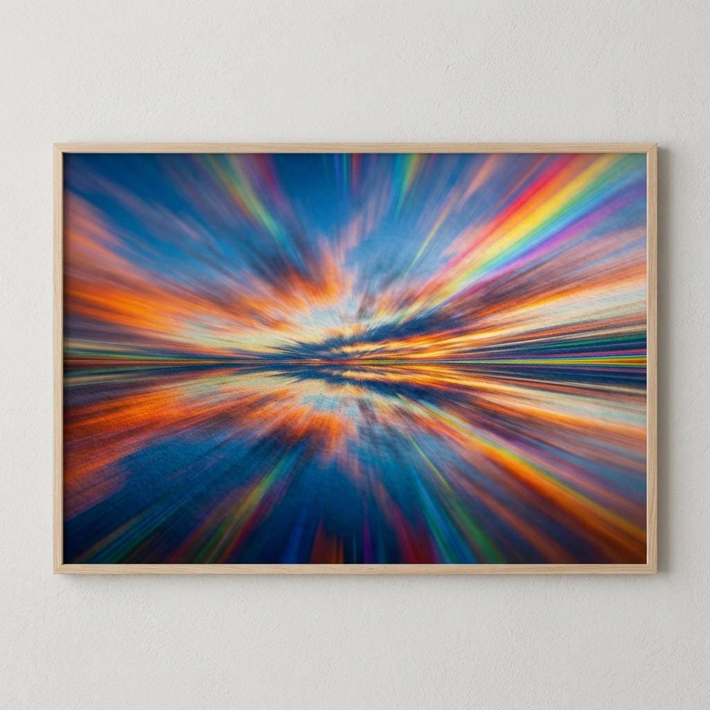 Une course effrénée vers l'horizon où les nuages deviennent des sillons de lumière. Ce paysage en fusion capture l'instant où le temps bascule, transformant le firmament en un spectre électrique. Une immersion totale dans une nature réinventée par la vitesse.